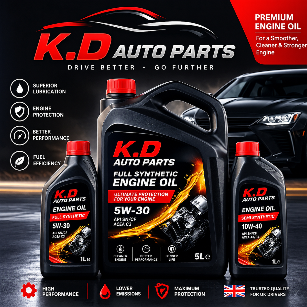 K.D Auto Parts promotional image showing 5W-30 1L and 5L bottles and a 10W-40 1L bottle